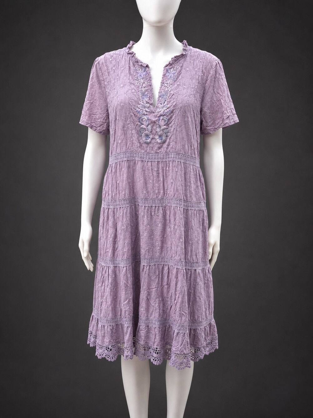 Sundance Lavender Embroidered Cotton Tiered Boho Dress L